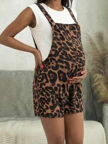 孕妇无袖豹纹连体裤，配有可调节肩带和纽扣，梭织面料 - 棕色 - 查看 5