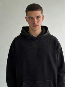 2-Piece Set  400g Heavyweight Fabric Men's Solid Color Drop Shoulder Long Sleeve Drawstring Pocket Casual Hoodie, Autumn/Winter,Back To School  Street Life  Vintage Washed Oversized Hoodie Sweatshirt (With Reinforced Neckline, Hemline And Shoulder Seams To Prevent Deformation) Discounted Basic Model Polyester Cotton - Đen + Xám - Xem 2