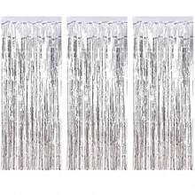 3pcs Silver Foil Fringe Curtains With Shiny Metallic Thread Backdrop, Suitable For Decorating Birthday, Wedding, Party, 70s, 80s And 90s Disco Theme, Graduation, Halloween, Bachelorette Party, Anniversary Decor, Adult Satin Sheer Curtains, Glitter Aluminum Foil Fringe Curtains (Rainbow Pink Party Supplies)