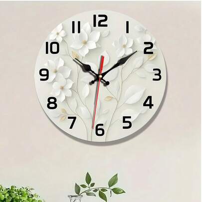 1 pieza Reloj de pared de madera de cuarzo silencioso, con patrón floral - Elegante reloj redondo blanco, adecuado para sala de estar, dormitorio, oficina, cocina, baño - Funciona con pilas (pilas AA no incluidas), accesorio de cocina | Reloj de pared decorativo | Estructura de madera, reloj de pared para sala de estar