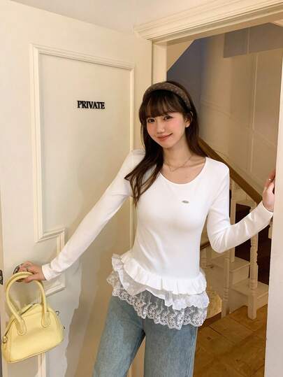 法式蕾丝荷叶边圆领修身打底长袖上衣 白色