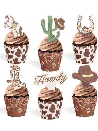 24ชิ้น Western Theme Cupcake Liners + Decorative Picks - ชุด 24ชิ้น | Cowboy Rodeo Birthday Cake Decorations, Country Hoedown Bachelor Party Food Supplies, Party Supplies, "My First Rodeo" - Little Cowboy งานเลี้ยงวันเกิดครั้งที่ 1 - Rodeo Party Cupcake Wrappers, Cupcake Decorative Picks And Wrappers Set