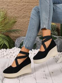 Casual Elegant Round Toe Thick Sole Criss-Cross Strap Women Shoes, Fashionable & Versatile, Comfortable To Wear - Black - View 5