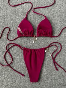 两件套女士时尚纯色沙滩装，吊带系带露脐上衣和系带比基尼泳裤套装，珍珠链装饰，优雅大方，适合情人节、日常沙滩派对、夏季度假性感泳装套装 - 酒紅色 - 查看 4