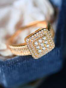 1枚925纯银镀白金复古方形水晶水钻戒指，奢华生日派对珠宝礼物（女士款）