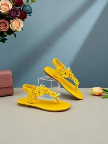 2026 New - 1 Pair Girls' Shoes, Bright Yellow 3D Floral Decor, Soft Sole, Non-Slip, Comfortable, Easy On/Off, Toe Elastic Knit Strap, Flat Sandals, One-Piece Slippers, Suitable For Outdoor Play, Cute Children Sandals - Màu vàng - Xem 2