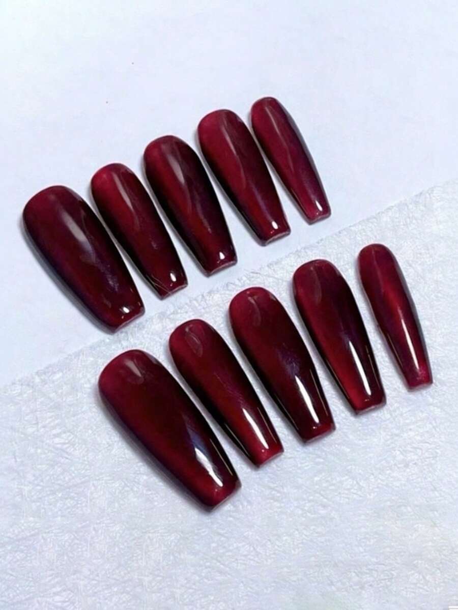 10pcs Pure Handmade Press On Nails Long Nails Coffin Nails Wine Red Long T-Shirt, European And American Trapeze Style, Cool Black Base, Deep Red Gradient, Sweet And Cool, Hot Girl Style Nail Art Wearable Nails - Burgundy - View 1