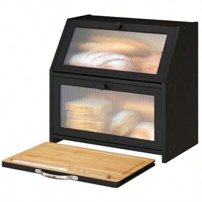 Extra Large Bread Box With Cutting Board Bamboo Wood Bread Box For Kitchen Counter Double Layer Large Capacity Bread Sge Bin With Acrylic Wavy Door Panel Black