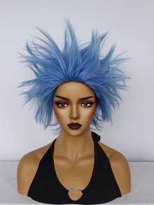 男女通用耐热短款蓬松直发亮蓝色合成动漫角色扮演假发，男女通用愤怒假发，完美适用于音乐节和疯狂的服装造型，适合派对、学校嘉年华、音乐会、度假、摄影、主题活动、动漫展、展览、舞台表演等场合。