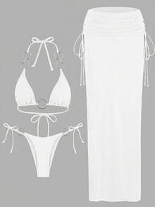 2026 New Transparent 3 PiecesBikini Swimsuit, Nightclub Party Outfit, Brazilian Swimwear With O-Ring, Bikini With Skirt And Thong - White - View 3