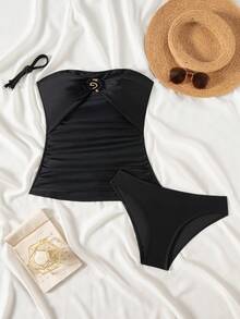 纯色性感露背系带露脐比基尼上衣和三角比基尼泳裤套装，适合度假和海滩穿着，黑色 - 黑色 - 查看 3