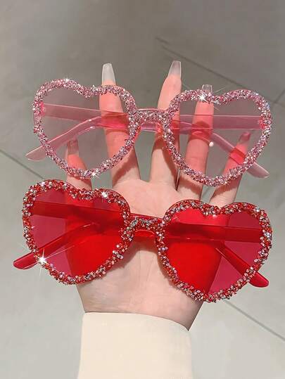 1-2 Pairs Teens' Valentine's Day Sweet Heart Frameless Rhinestone Fashion Fashion Glasses, Personalized Quirky High-End Candy Color Fashion Glasses For Party And Gathering