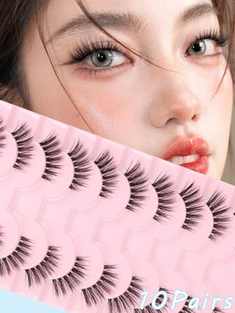 10对假睫毛，半眼睫毛，猫眼款，睫毛长度3-15毫米，柔软透明睫毛梗，逼真自然，适合约会，可在眼尾处嫁接睫毛