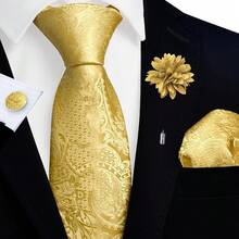 GUSLESON 8cm Paisley Tie Set For Men Necktie Lapel Pin Pocket Square Cufflinks Set For Men,Gold - 金色 - 查看 3