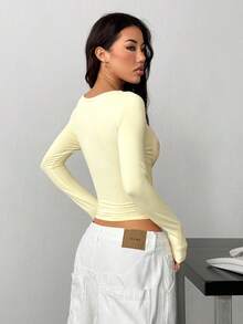 Women's Round Neck Fitted Short Printed Long Sleeve T-Shirt - Apricot - View 3