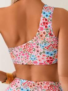 Spring/Summer Floral Print Ruched Bandeau Bikini Set, Sexy Two Pieces Swimwear For Women Vacation Beach - Pink - View 3