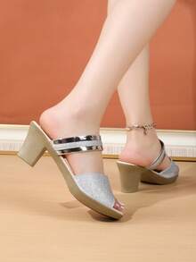 女士夏季时尚黑色纯色高跟凉鞋，户外休闲一脚蹬穆勒鞋，舒适妈妈鞋 - 銀色 - 查看 5