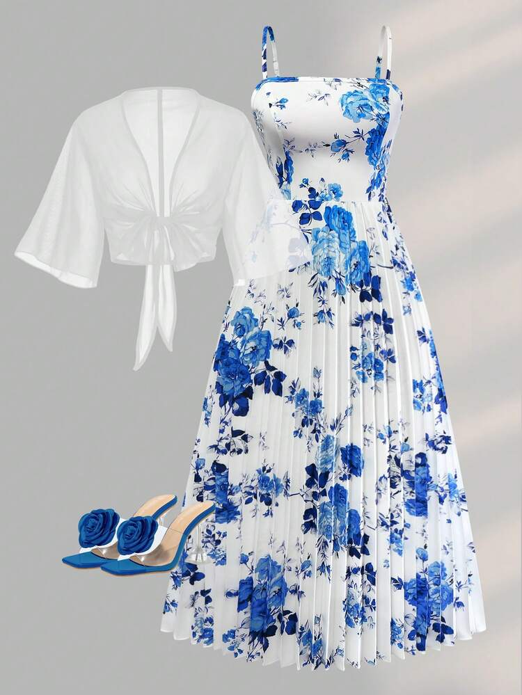 Women's Elegant Floral Print Pleated Waist Flared Dress With Chiffon Jacket Set, Suitable For Dates, Valentine's Day, Casual Vacation Summer - Blue and White - View 1