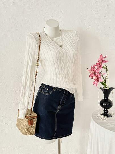 PUMPKIN 女士秋冬圆领修身麻花针织毛衣 - 适合通勤、休闲、甜美、学院风、情人节派对及其他场合