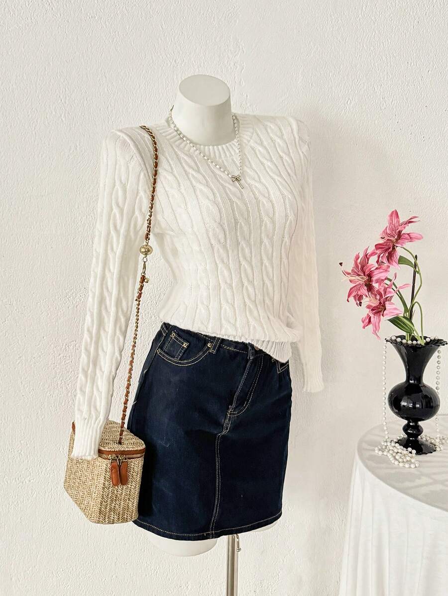 PUMPKIN 女士秋冬圆领修身麻花针织毛衣 - 适合通勤、休闲、甜美、学院风、情人节派对及其他场合 - 白色 - 查看 1