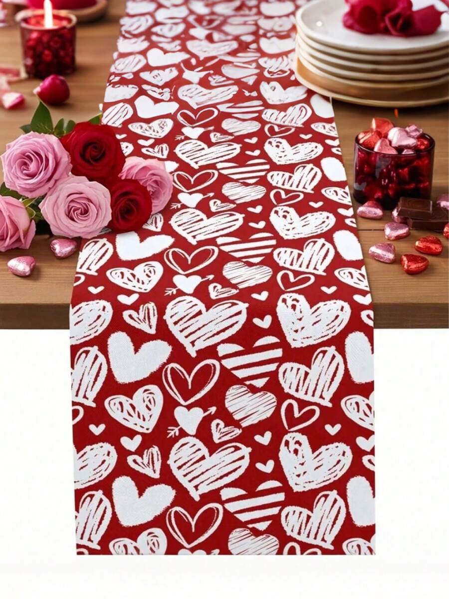 1Pc 13 X 72 Inch Heart-Patterned Polyester Valentine's Day Decorative Table Runner, A Romantic Valentine's Day Decoration In White, Pink, And Red With A "LOVE" Pattern, Stain-Resistant And Heat-Insulating, Perfect For Valentine's Day Parties, Romantic Weddings, And Gatherings With Friends; A Versatile Table Runner Suitable For All Seasons. - 彩色 - 查看 1