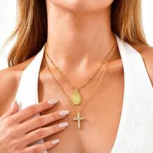 Gold Necklace Women - 14k Gold Plated Virgin Mary Pendant, Hypoallergenic Non Tarnish Golden Cubic Zirconia Catholic Virgen De Guadalupe Jewelry, Religious Faith Baptism Her - 款式 1-兩條鍊子 - 查看 2