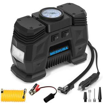  Inflador de neumáticos negro Meshuba de doble cilindro de uso pesado, compresor de aire portátil de metal de 12V CC - Accesorios para automóvil, bomba de neumáticos de 150PSI con adaptador para automóviles, camiones, SUV, botes, colchones de aire, etc.