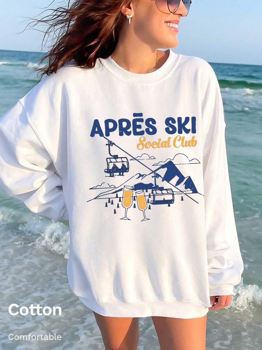 Damen-Sweatshirt mit überschnittenen Schultern, Baumwoll-Top mit dem Slogan "APRÈS SKI Social Club", einer Seilbahn-Grafik und Champagnerglas-Motiven. Frühjahr/Herbst, Rundhalsausschnitt, lockere Passform, auch in großen Größen erhältlich. - Weiss - Übersicht 1