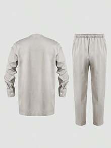 2pcs/Set Men's Gray Dashiki Elegant & Stylish Outfit, Contrast Navy Blue Embroidery, Long Sleeve Round Neck Shirt With Pockets, Elastic Waist Pants, African Clothing, Men's Casual Shirt And Pants Set, Suitable For Parties, Dates, Weddings, Daily Wear, Cultural Events, Traditional Ceremonies & Celebrations - Light Grey - View 4