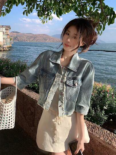 Áo khoác denim ngắn cổ bẻ kiểu vintage dành cho nữ, thiết kế mới mùa hè đa năng, áo sơ mi denim tay ngắn phong cách thường ngày