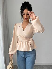 女士休闲日常通勤简约纯色灯笼袖系带衬衫，春秋季 - 杏色 - 查看 6