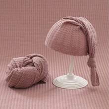 2件套弹力婴儿襁褓毯和帽子套装，新生儿摄影道具，襁褓毯和长尾帽，千鸟格婴儿襁褓，男女通用婴儿摄影配件