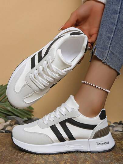 Women's New Casual Sneakers, Multi-Function Training Shoes, Contrast Color Beige & Black Round Toe Lace-Up, Lightweight & Comfortable, Suitable For Daily Wear, Campus Style, Outdoor, Hiking, Running, Gym