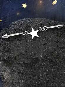 1 pieza Barra de perforación industrial con estrella de punta flotante de acero inoxidable, pendiente de hélix, perforación de oreja, joyería corporal - Plateado - Ver 3