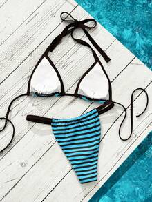 Women's Sexy Blue Striped Tie-Front Bikini Set, Suitable For Spring/Summer Vacation, Beach, Party, Made Of High-Elasticity Fabric - Blue - View 6