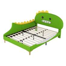 Children's Bed 140 X 200 Cm, Dinosaur Pattern, Flat Bed, Polyurethane, Green - Green + PU - View 3
