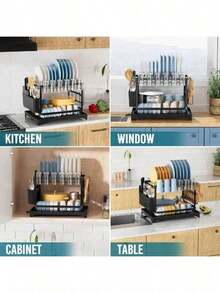 Dish Drying Rack: 2 Tier Stainless Steel Dish Rack For Kitchen Counter,Dish Racks For Kitchen Counter And Sink - Large Dish Drying Rack With Drainboard & Utensil Holders - Stainless Steel Dish Drainers Home Essentials Kitchen Organization And Storage Kitchen Accessories,Home Accesssories,Kitchen Essentials,Kitchen Deccor - màu đen - Xem 3