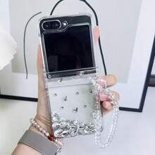 Luxury 3D Rhinestone Transparent Folding Phone Case With Chain, Suitable For Samsung Galaxy Z Flip 3 5G/Galaxy Z Flip 4 5G/Galaxy Z Flip 5 5G/Galaxy Z Flip 6 5G/Galaxy Z Flip 7 5G, High-End Studded Folding Phone Case