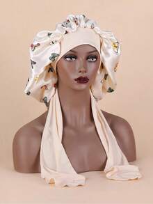 This Luxurious Satin Sleep Cap Features An Adjustable Bow Tie Design, Perfectly Suitable For Natural Long Hair, Curly Hair, And Braided Hairstyles. Available In Multiple Colors, It Is A Must-Have For Nighttime Hair Care, Soft And Comfortable, Caring For Healthy Hair. - Beige Butterfly - View 3