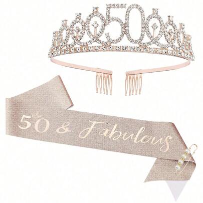 Couronne d'anniversaire des 50 ans + Écharpe d'anniversaire des 50 ans + Ensemble de broche de perle, Serre-tête, Cadeau d'anniversaire des 50 ans, Décorations pour amies, Fournitures de fête joyeuse
