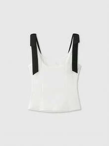 Áo kiểu dáng thường ngày không tay cổ tròn phối nhiều mảnh, trang trí nơ, thích hợp cho mùa hè. - Đen và trắng - Xem 2