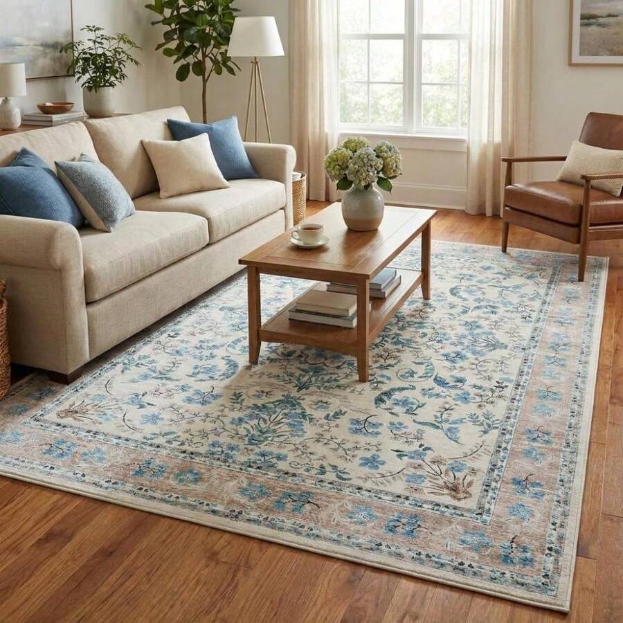 Washable Floral Area Rug For Nursery Soft Boho Living Room Carpet Small Flower Mat Non Slip Low Pile Indoor For Bedroom Dining Room - Màu be/Xanh lam - Xem 1