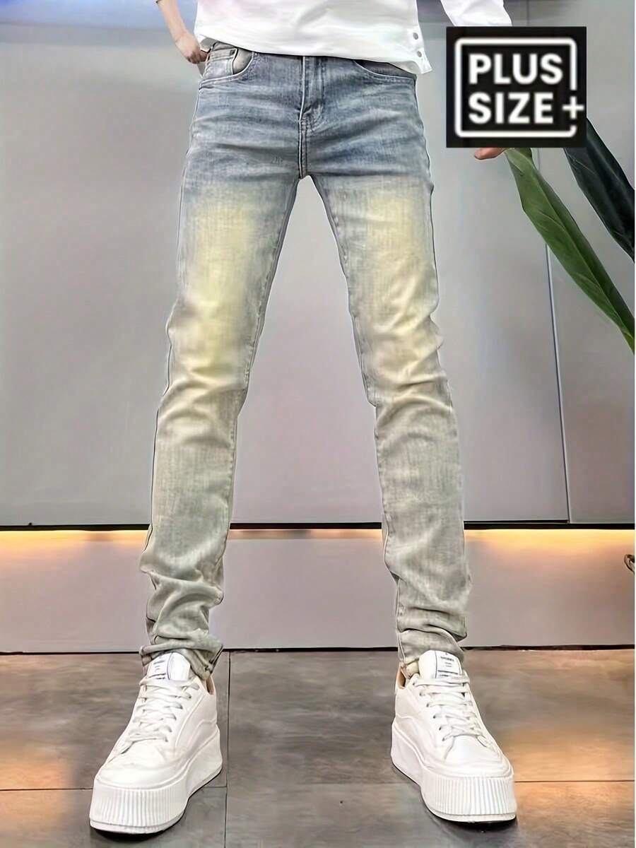 125 Autumn Winter Plus Size Men's Jeans, Heavy Duty Washed Natural Faded, Hand Rubbed Three-Dimensional Cat Whiskers Pattern, Retro Minimalist Style, Mid-Waist Design Elastic Slim Fit Small Straight Leg, Fabric Machine Washable, YKK Zipper Closure, Suitable For All Seasons, Business And Casual, Fashion Plus Size Men's Denim Pants - 泥黃色 - 查看 1