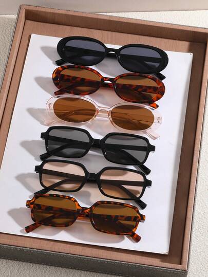 6 piezas gafas de plástico multicolor rectangulares para mujer, montura completa, montura estrecha, lentes tintadas, estilo bohemio, estilo moderno y sencillo, para fotos callejeras, festivales musicales, vacaciones.