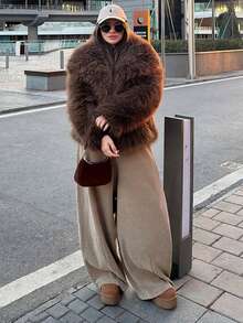 Women's Fashionable Chocolate Brown Fluffy Jacket, Long Sleeve Lapel Collar Thick Warm Coat, Elegant For Christmas, New Year, Thanksgiving, Autumn/Winter 2025 - Brown - View 10