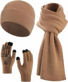 2026AWAYTR Women Winter Beanie Hat Scarf Gloves Set, 3Pcs Warm Knitted Hat Touchscreen Gloves Long Scarf For Cold Weather - Khaki - View 9