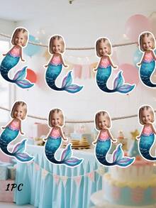 7/14/21pcs Customized Mermaid Theme Face Photo Banner, Personalized Birthday Party Backdrop Wall Hanging, Underwater Scene Happy Birthday Party Decoration, Birthday Gift - Blue - View 12