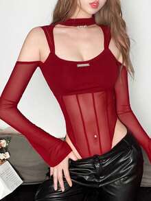 这款 Top Dazzle 女士红色高腰透视长袖连体衣采用涤纶面料制成，打造时尚造型，适合夜间外出、嘉年华、节日、舞台和音乐会等场合。 - 紅色 - 查看 2