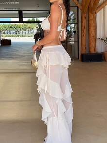 Women's Sheer Vacation Pants With Ruffle Trim And Tie Details, Straight Leg Semi-See-Through Design, Non-Stretch, Comfortable And Breathable, Suitable For Beach, Concerts, Loose Fit - Apricot - View 6