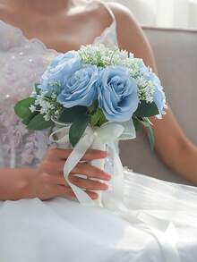 1支蓝色玫瑰搭配白色满天星的浪漫花束，适合新娘、伴娘、婚礼、订婚、舞会、派对、情人节庆祝活动等场合。 - 彩色 - 查看 2
